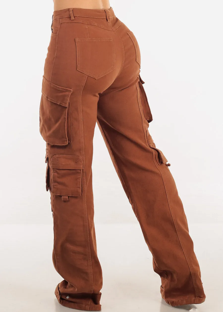 Butt Lift Straight Wide Leg Cargo Jeans Brown sold by Moda