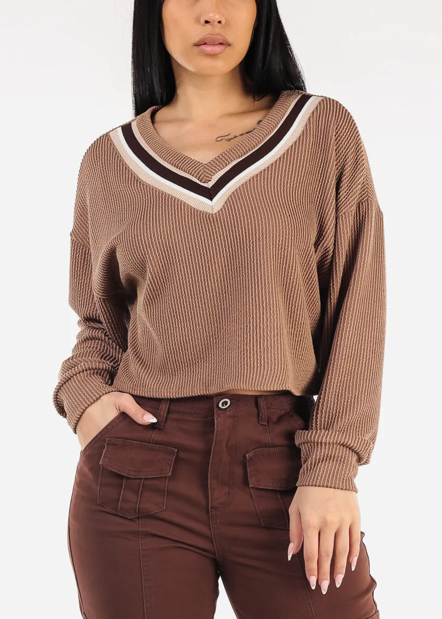 Long Sleeve Vneck Textured Sweater Top Mocha sold by Moda