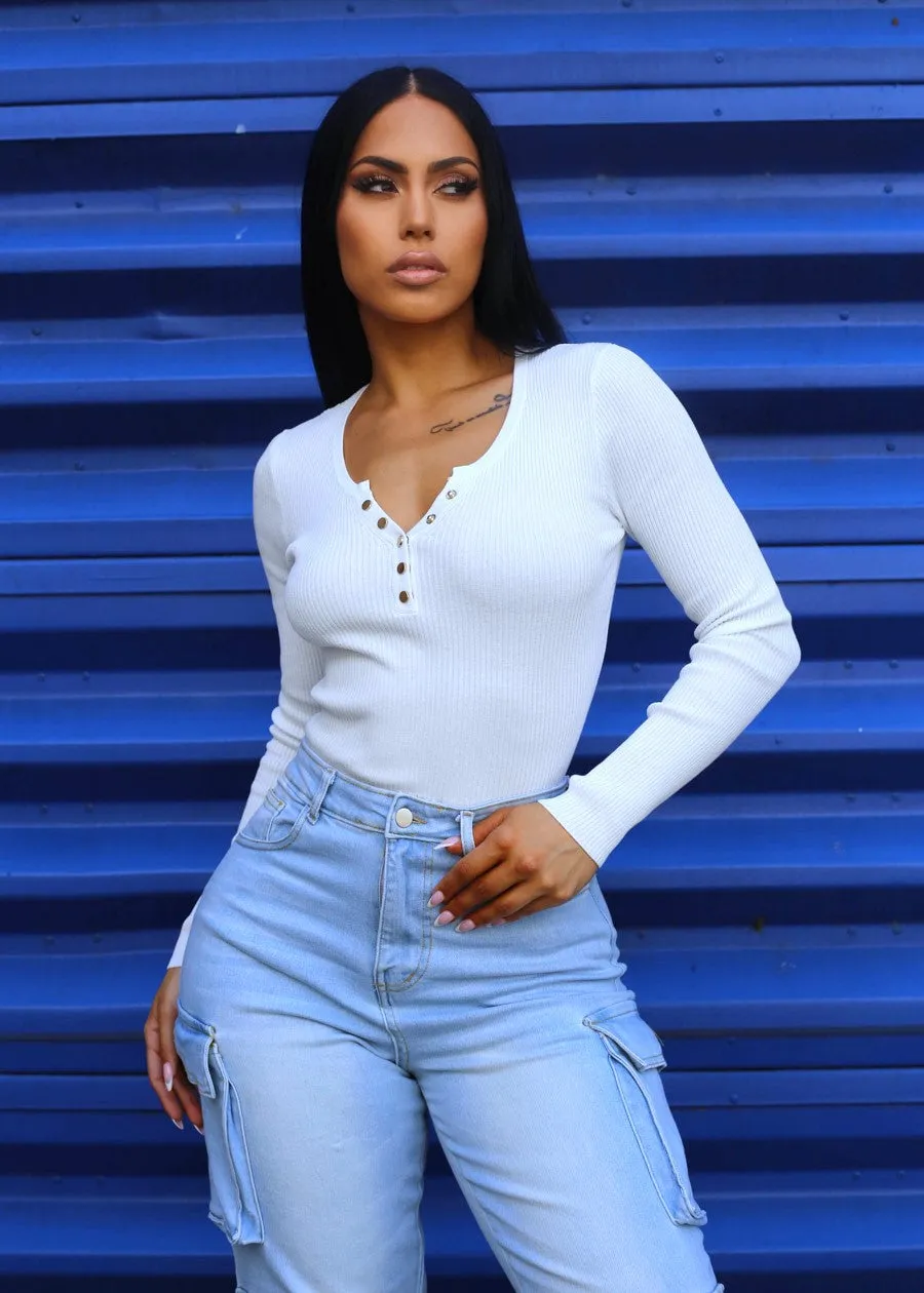 Long Sleeve White Henley Sweater Top sold by Moda