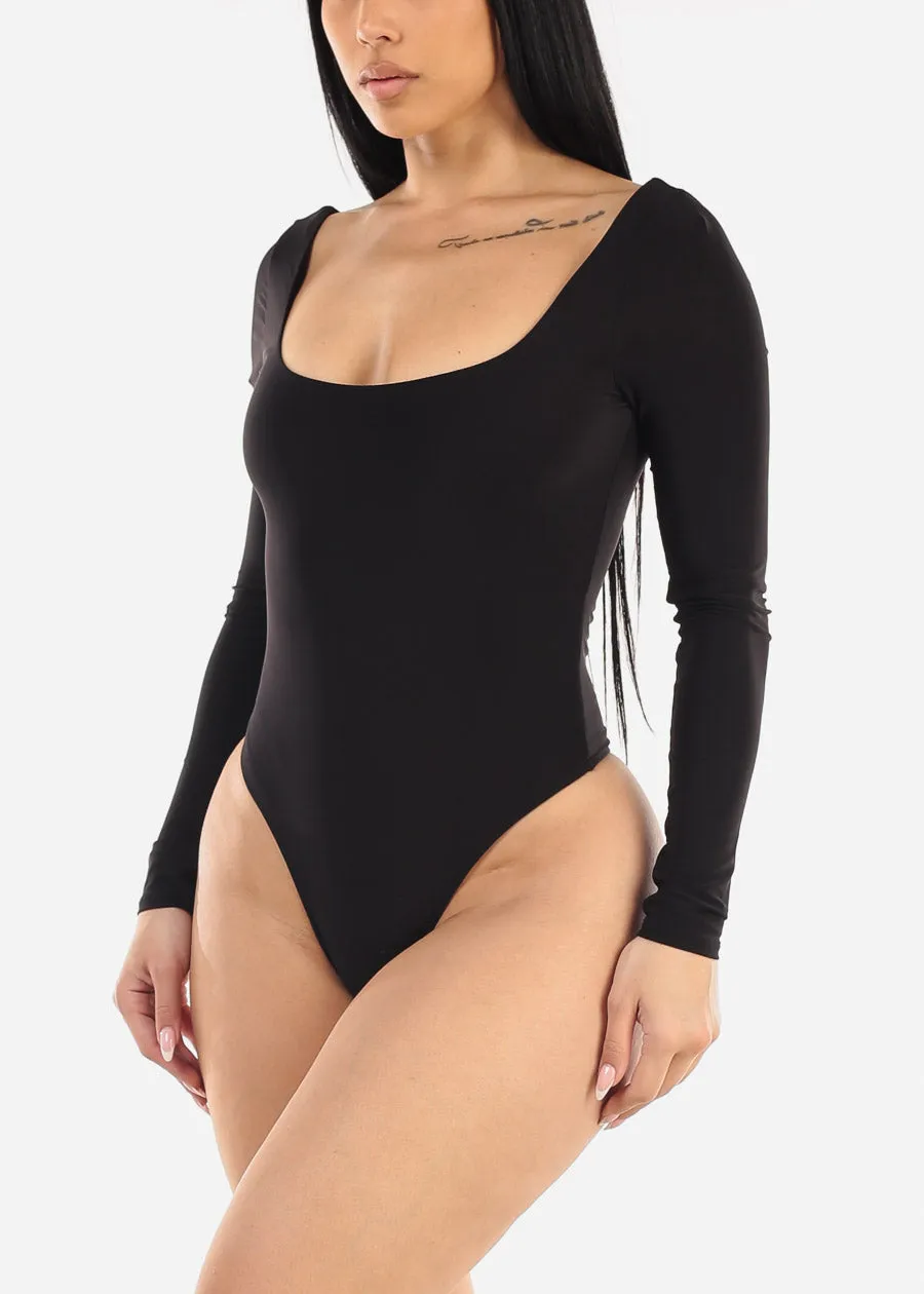 Long Sleeve Square Neck Black Thong Bodysuit sold by Moda