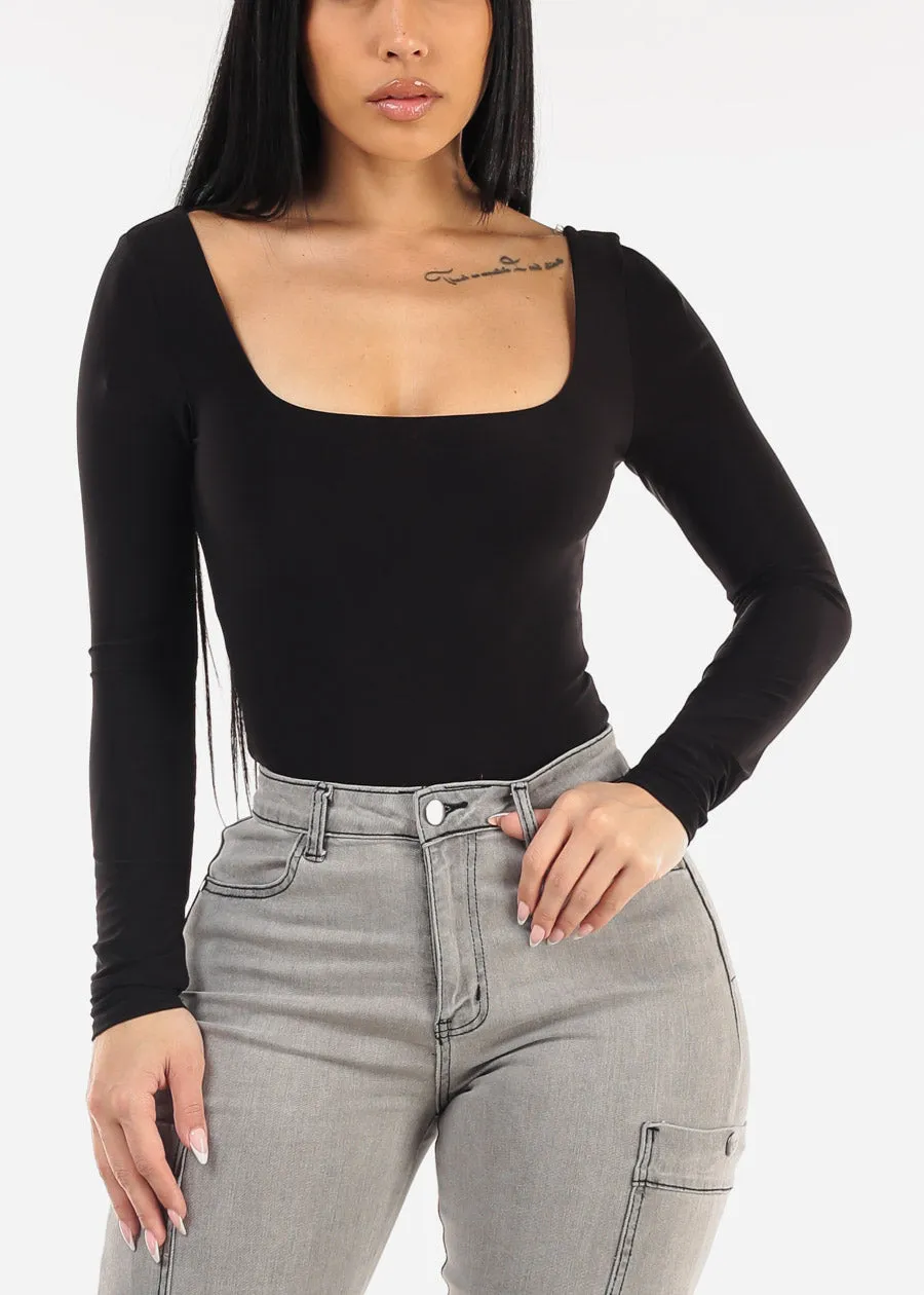 Long Sleeve Square Neck Black Thong Bodysuit sold by Moda product image thumbnail 5