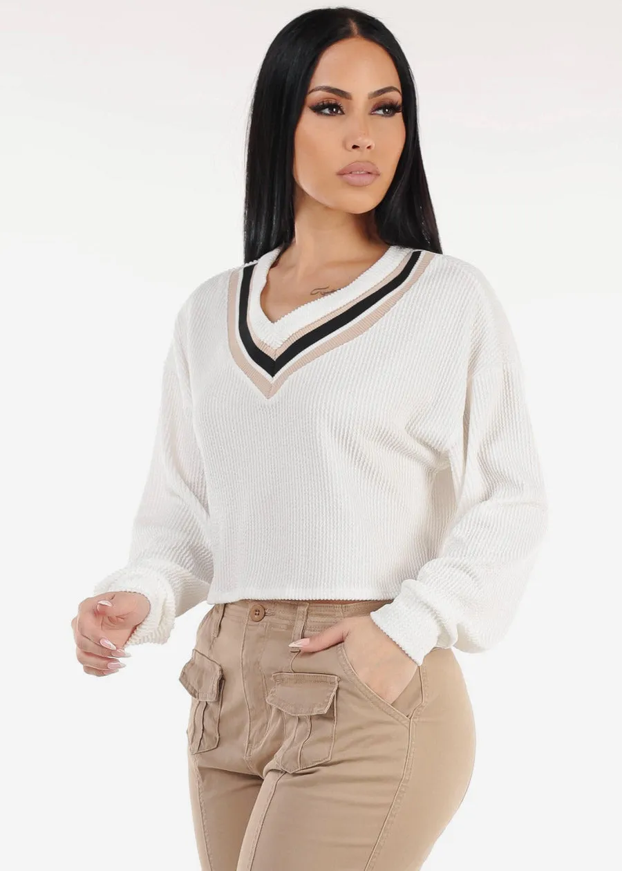 White Long Sleeve Vneck Textured Sweater Top sold by Moda