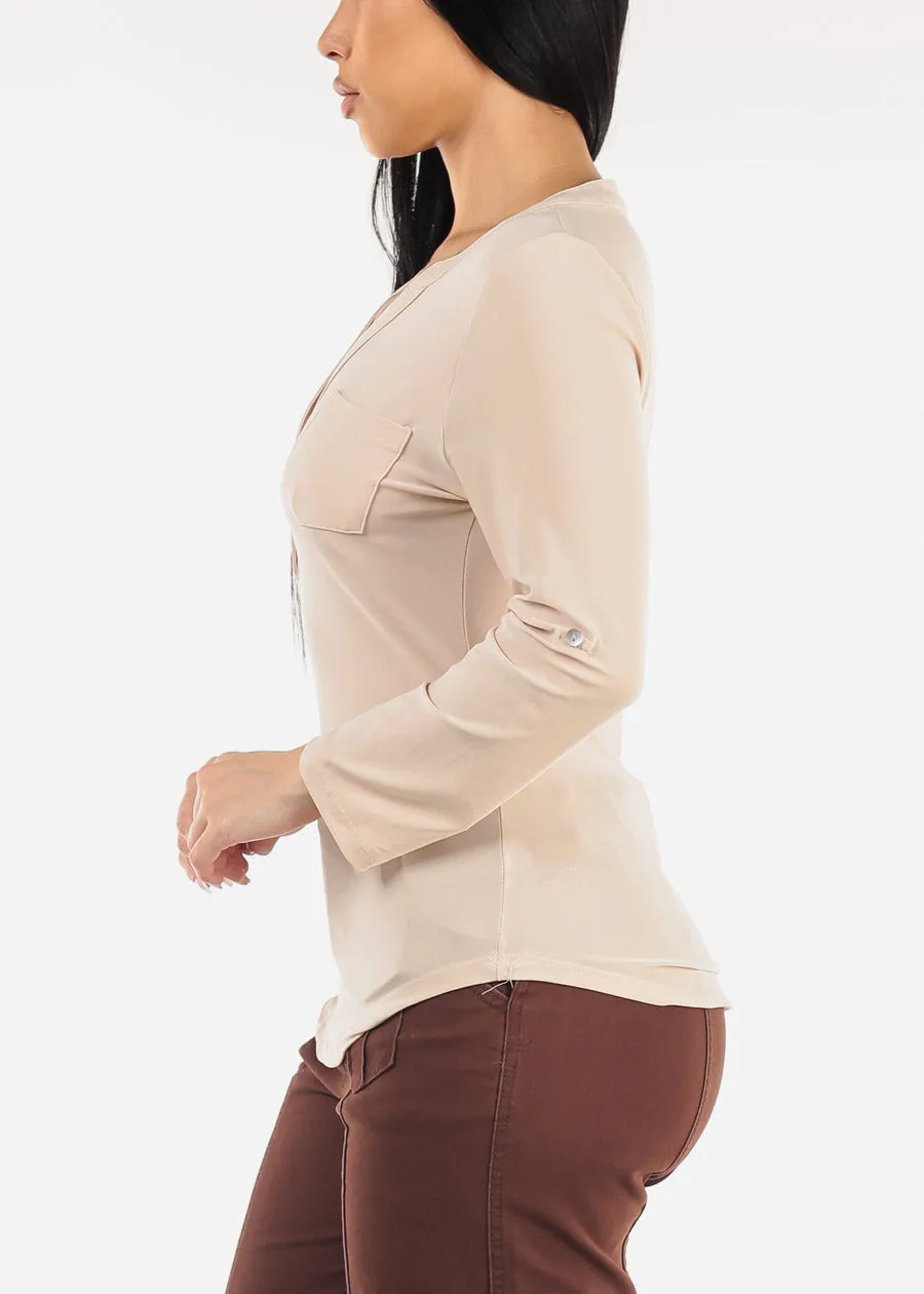 Long Sleeve Henley Blouse Beige sold by Moda product image thumbnail 3