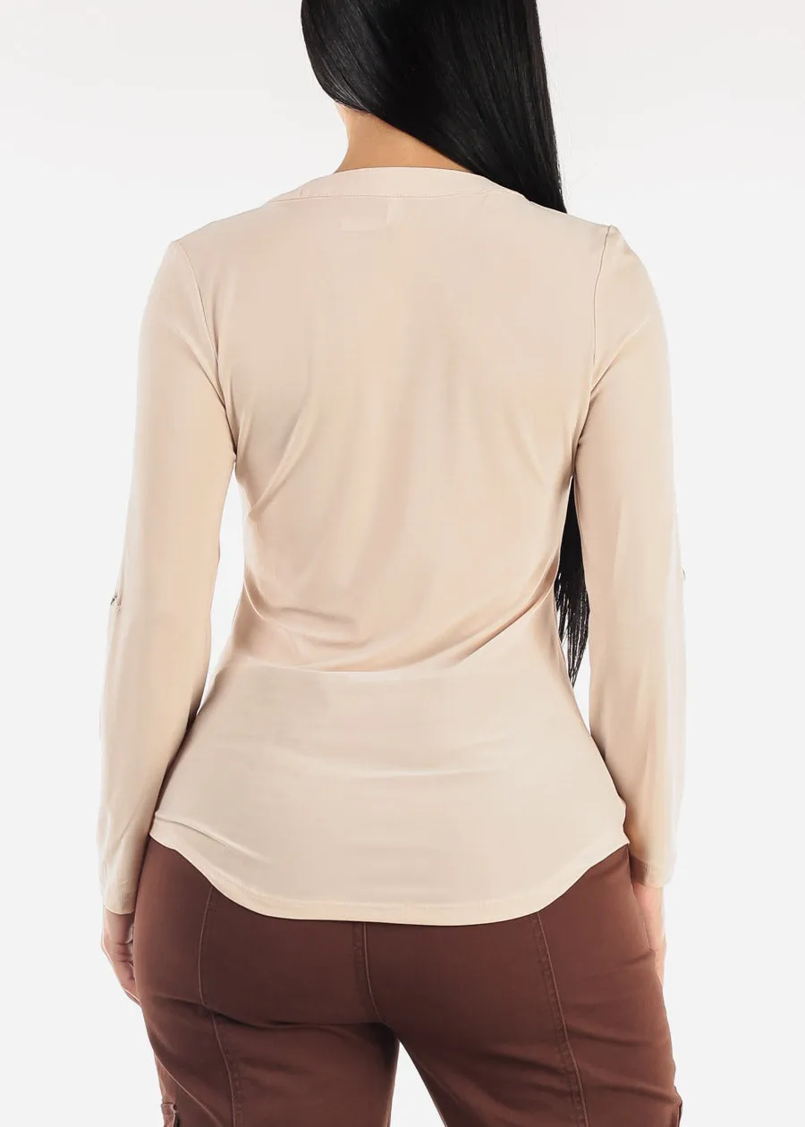 Long Sleeve Henley Blouse Beige sold by Moda product image thumbnail 4