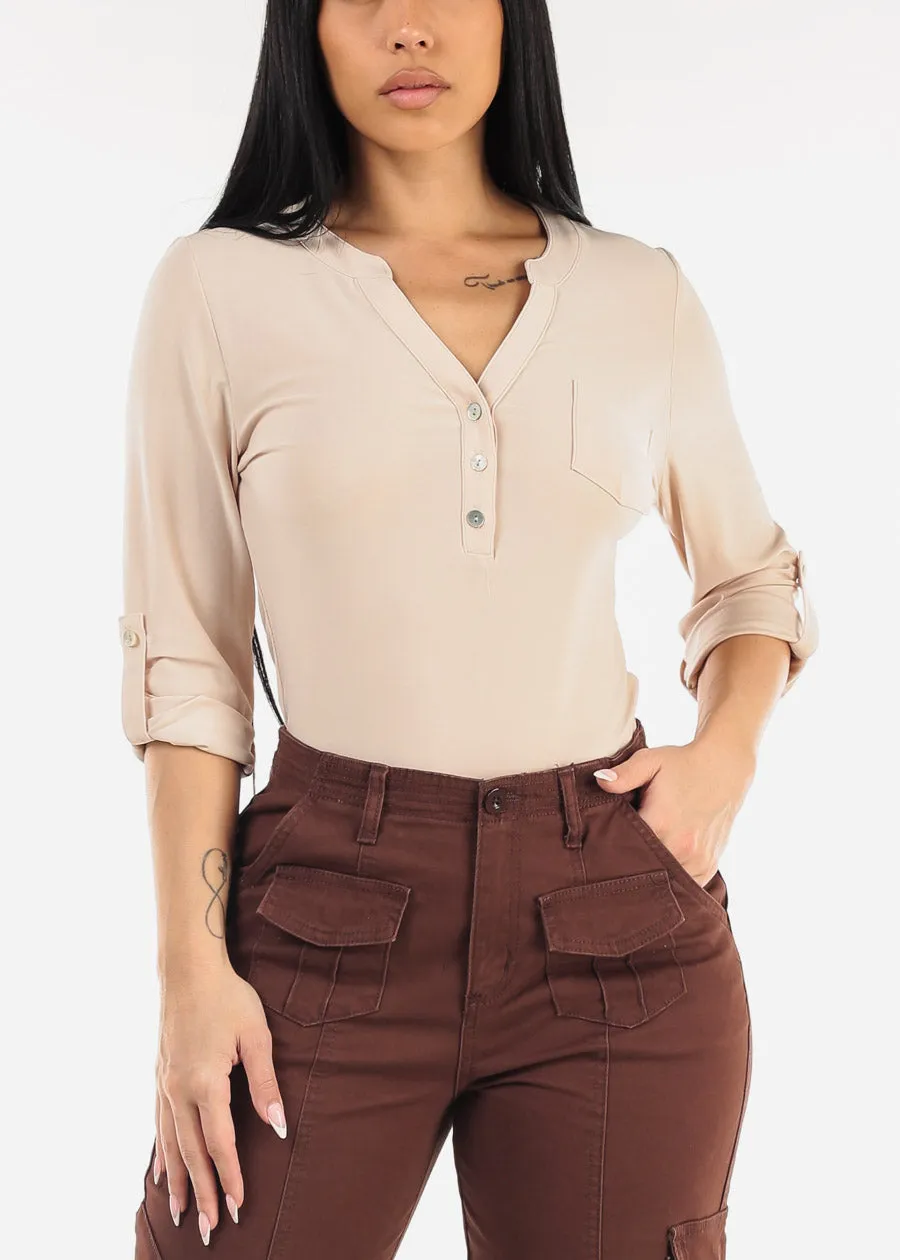 Long Sleeve Henley Blouse Beige sold by Moda