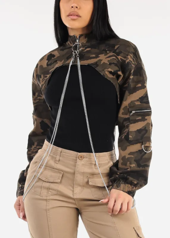 Long Sleeve Cropped Camo Jacket w Chains sold by Moda