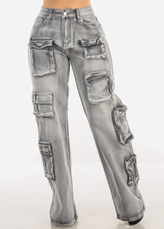 【Anyone more】Shuna Charcoal String Long Wide Pants Shana Wide Leg Jean - Charcoal | Parallel