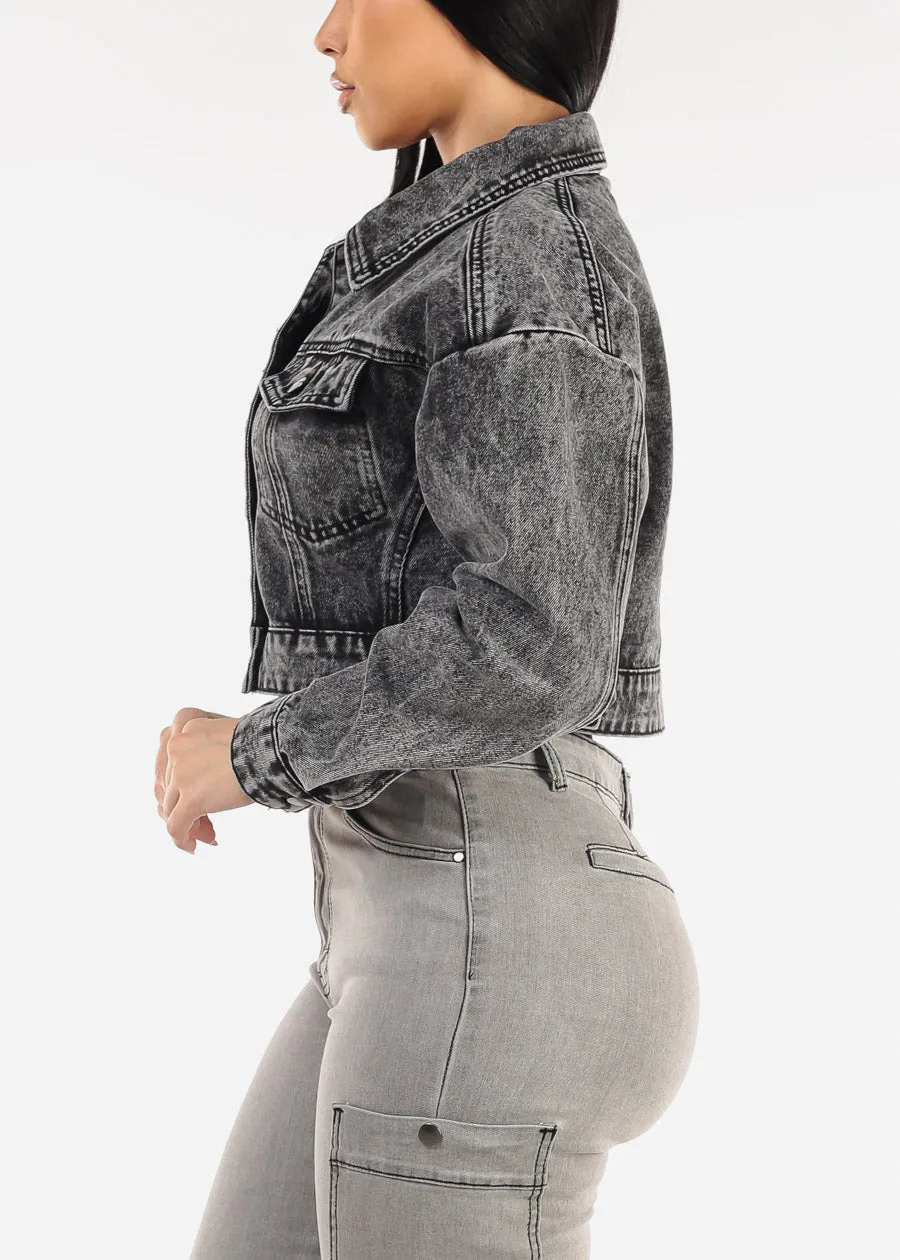 Long Sleeve Button Up Crop Denim Jacket Black Acid Wash sold by Moda product image thumbnail 3