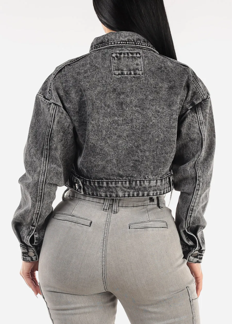 Long Sleeve Button Up Crop Denim Jacket Black Acid Wash sold by Moda product image thumbnail 4
