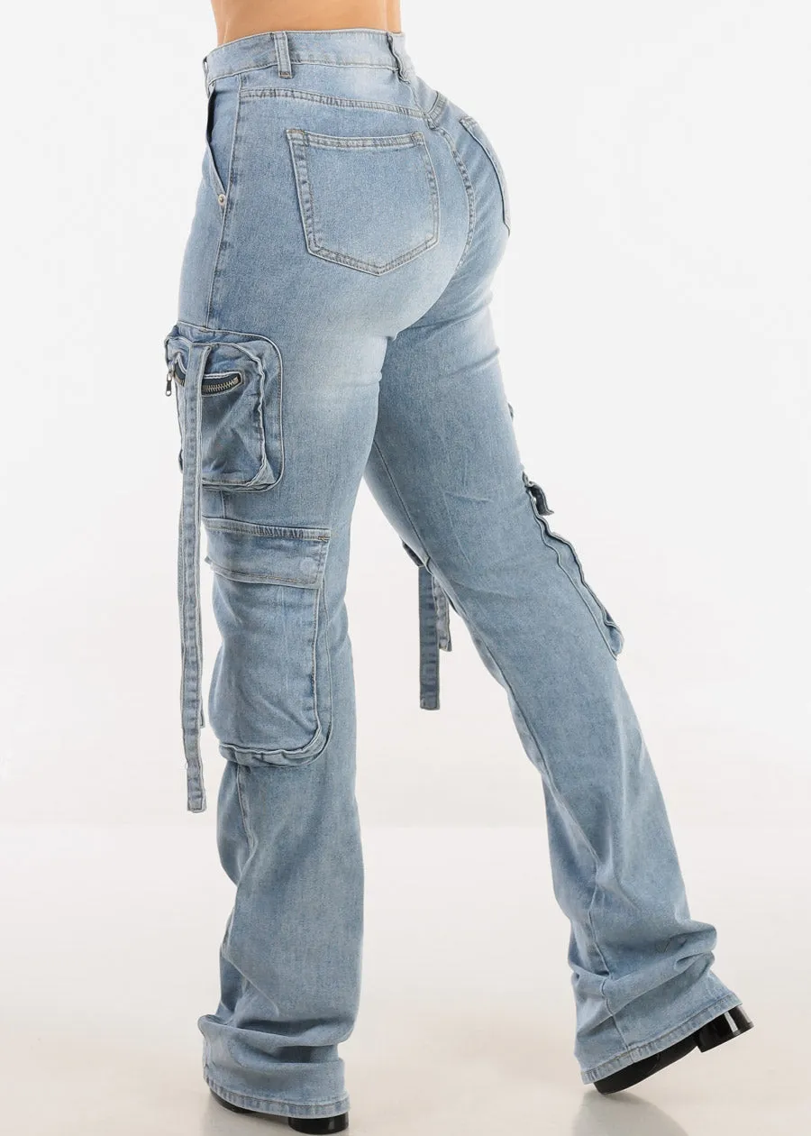 Super High Waist Stacked Leg Stretch Cargo Jeans Acid Wash sold by Moda product image thumbnail 4