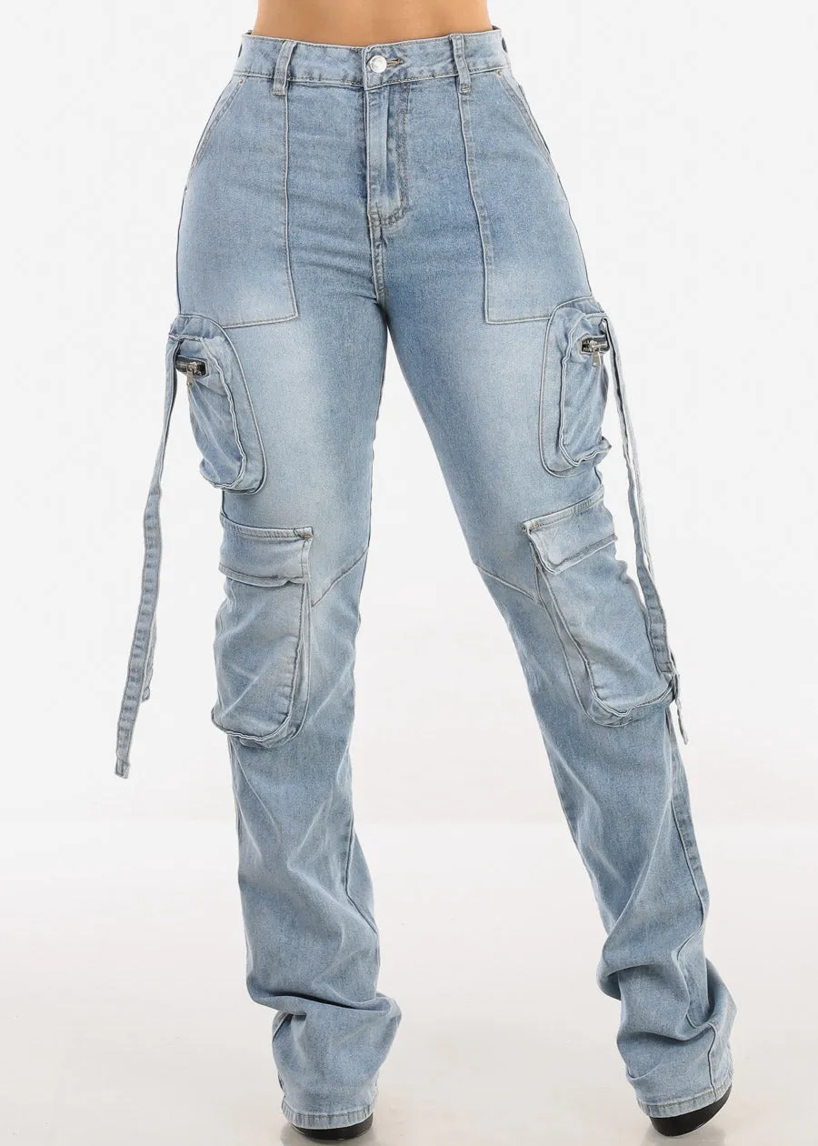 Super High Waist Stacked Leg Stretch Cargo Jeans Acid Wash sold by Moda