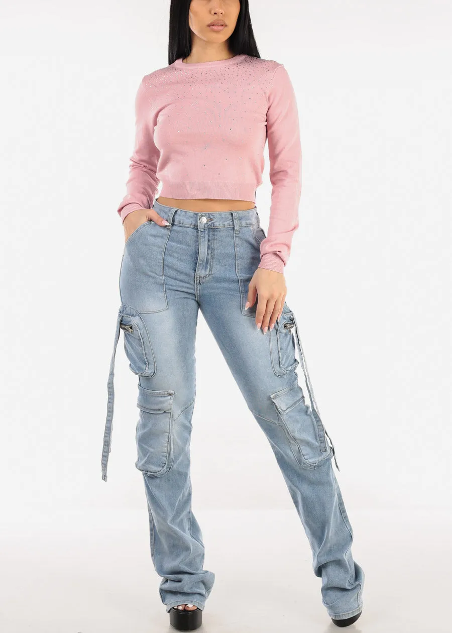 Super High Waist Stacked Leg Stretch Cargo Jeans Acid Wash sold by Moda product image thumbnail 2