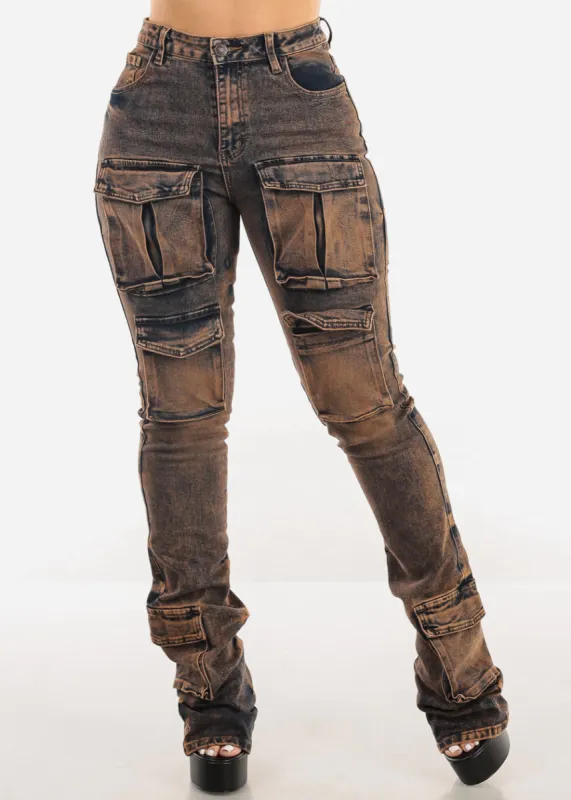 High Rise Acid Wash Stretch Cargo Stacked Leg Jeans Cooper sold by Moda
