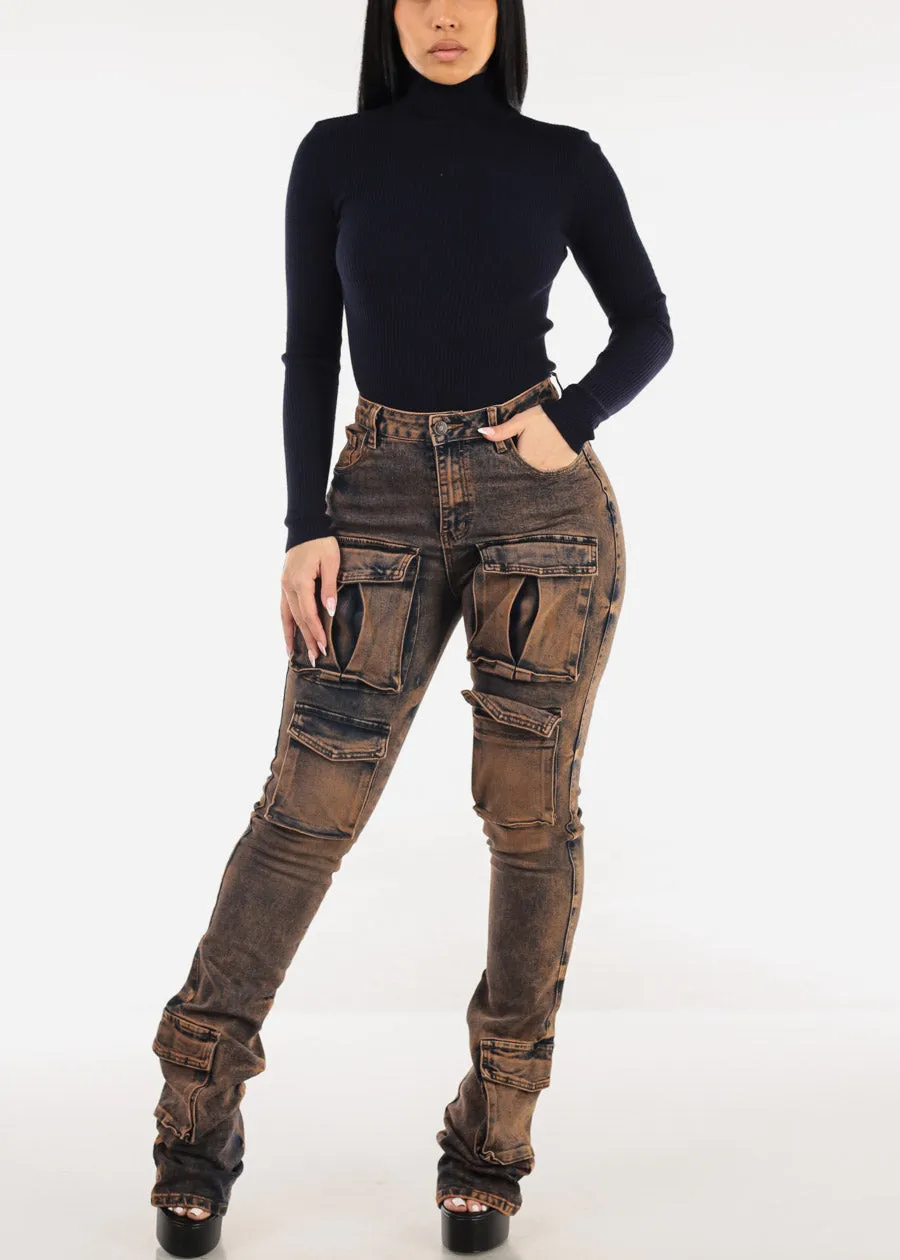 High Rise Acid Wash Stretch Cargo Stacked Leg Jeans Cooper sold by Moda product image thumbnail 2