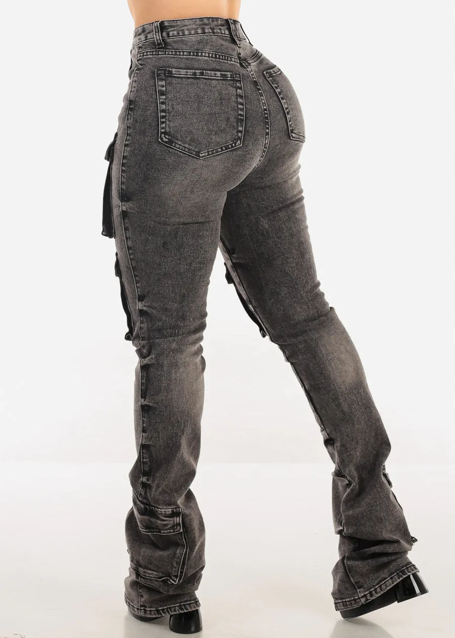 High Rise Acid Wash Stretch Cargo Stacked Leg Jeans Black sold by Moda product image thumbnail 4