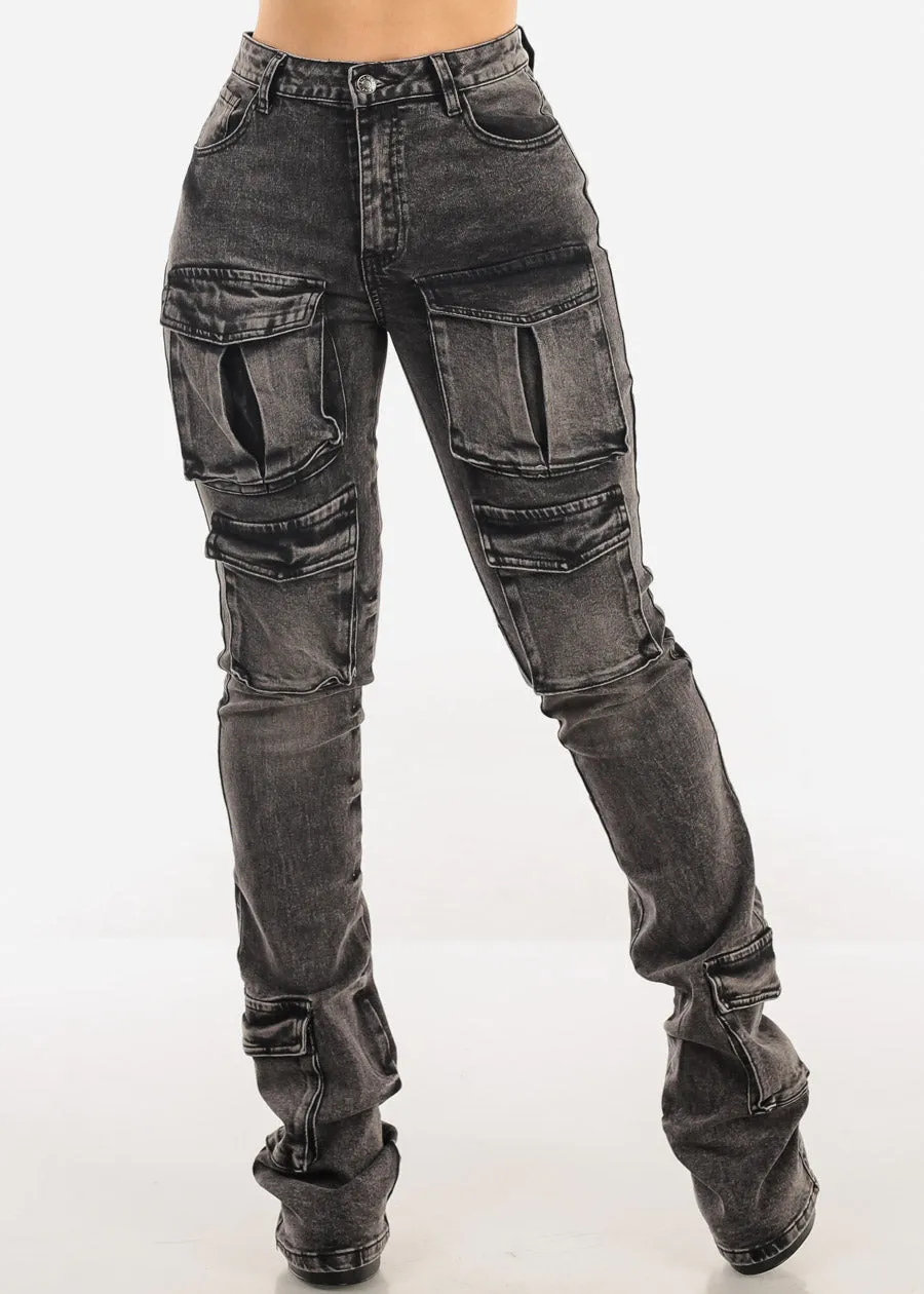 High Rise Acid Wash Stretch Cargo Stacked Leg Jeans Black sold by Moda
