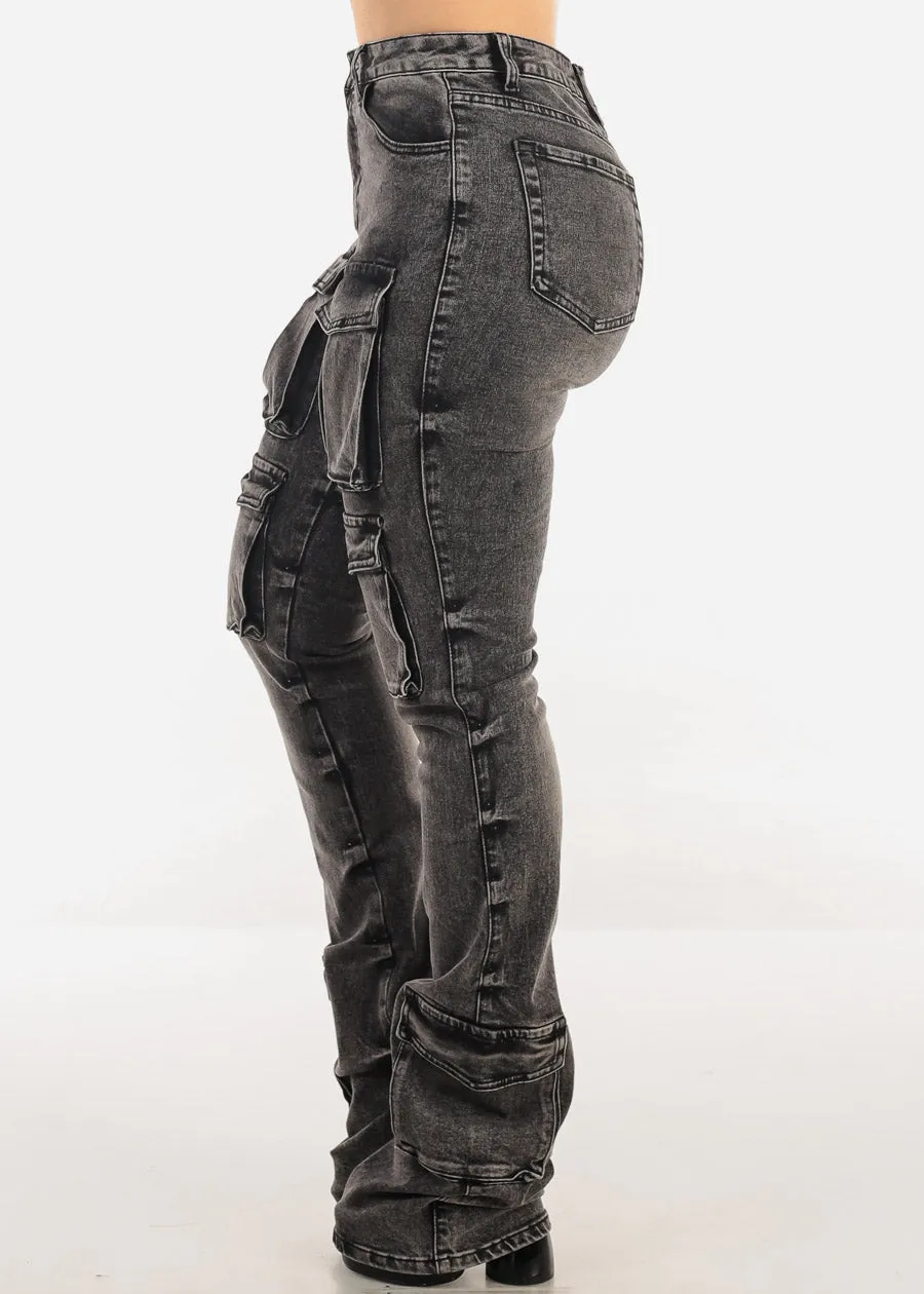 High Rise Acid Wash Stretch Cargo Stacked Leg Jeans Black sold by Moda product image thumbnail 3