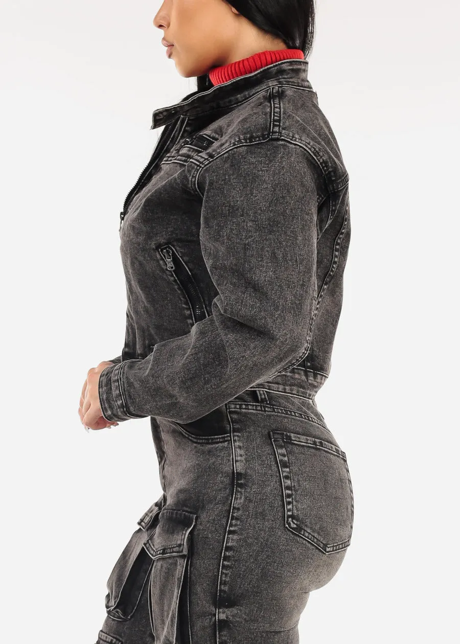 Zip Up Acid Wash Denim Biker Jacket Black sold by Moda product image thumbnail 3