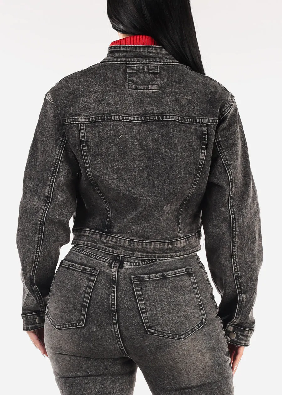 Zip Up Acid Wash Denim Biker Jacket Black sold by Moda product image thumbnail 4