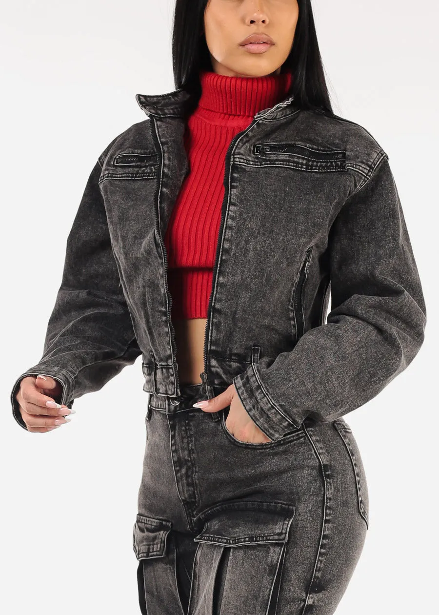 Zip Up Acid Wash Denim Biker Jacket Black sold by Moda