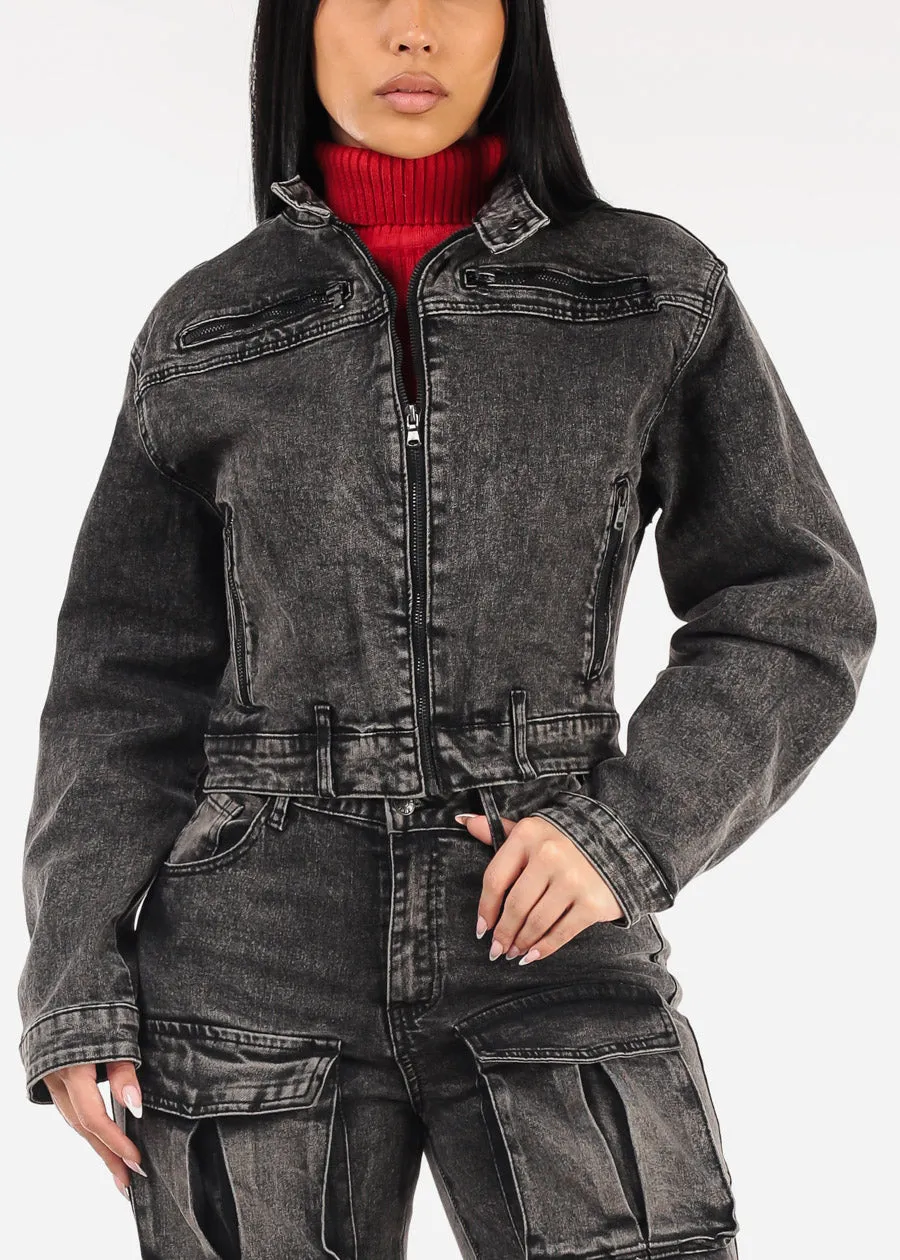 Zip Up Acid Wash Denim Biker Jacket Black sold by Moda product image thumbnail 5