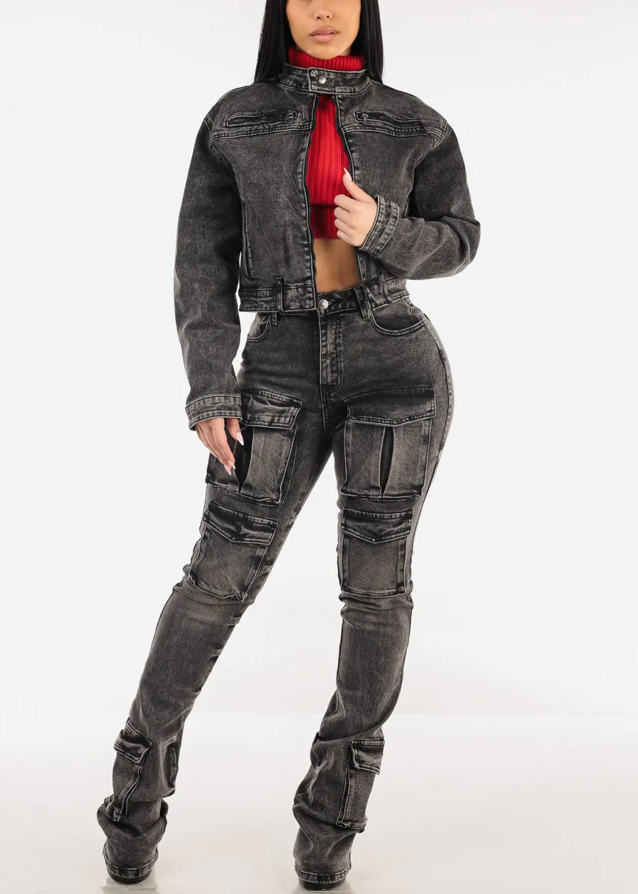 Zip Up Acid Wash Denim Biker Jacket Black sold by Moda product image thumbnail 2