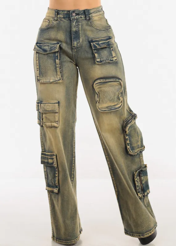 Super High Waist Straight Wide Leg Stretch Cargo Jeans Yellow sold by Moda