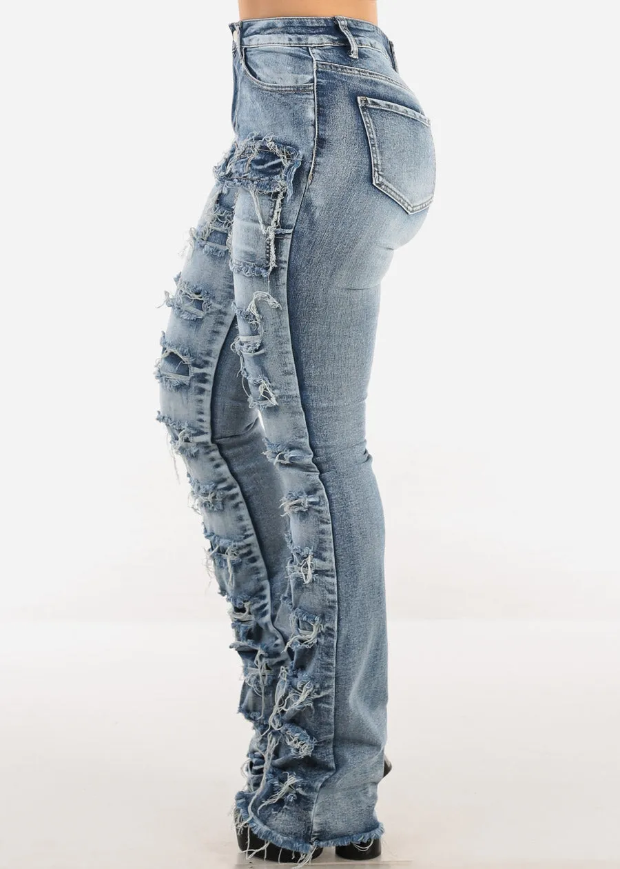 Stretchy High Waist Ripped Cargo Stracked Leg Jeans Blue Wash sold by Moda product image thumbnail 3