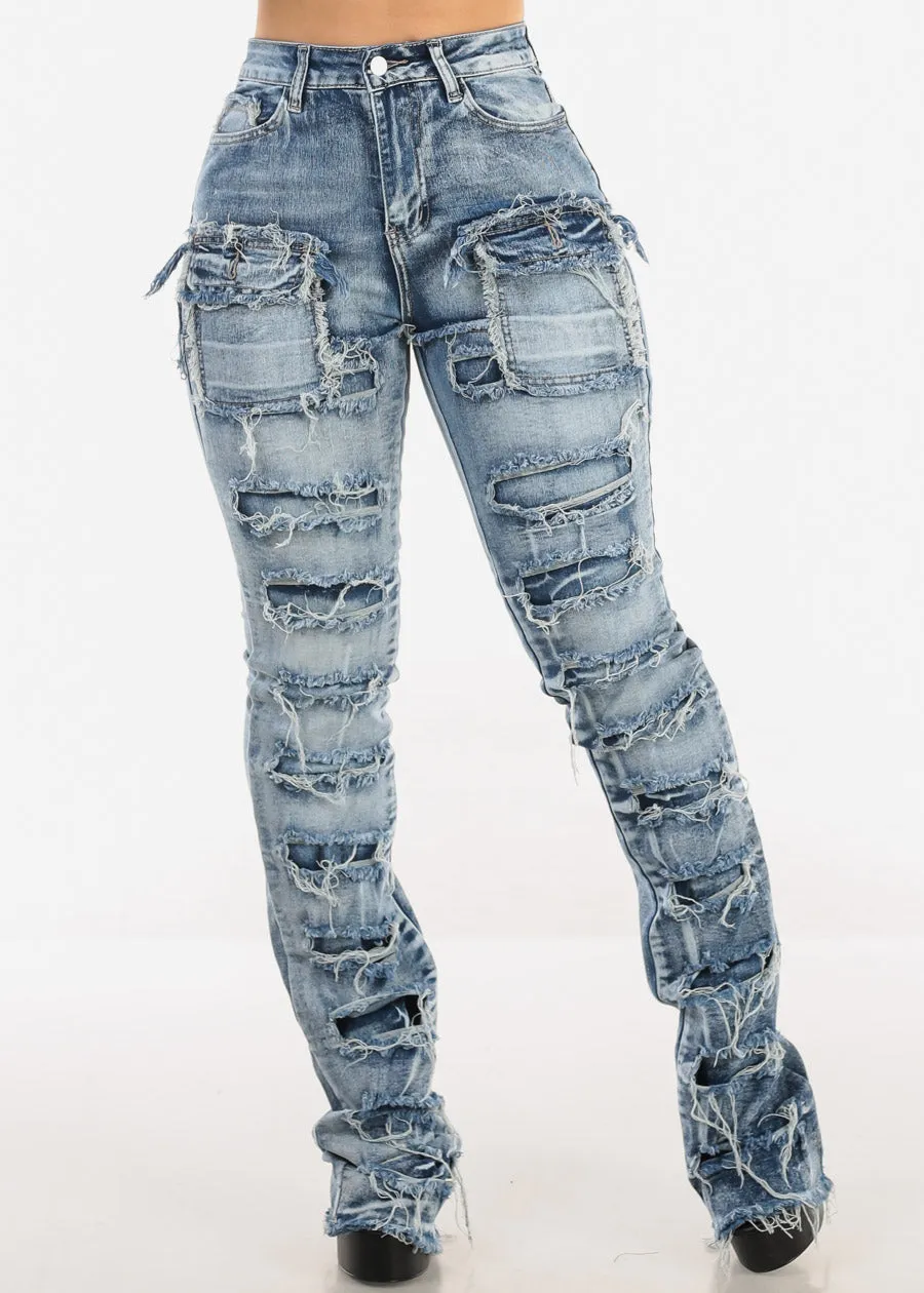 Stretchy High Waist Ripped Cargo Stracked Leg Jeans Blue Wash sold by Moda