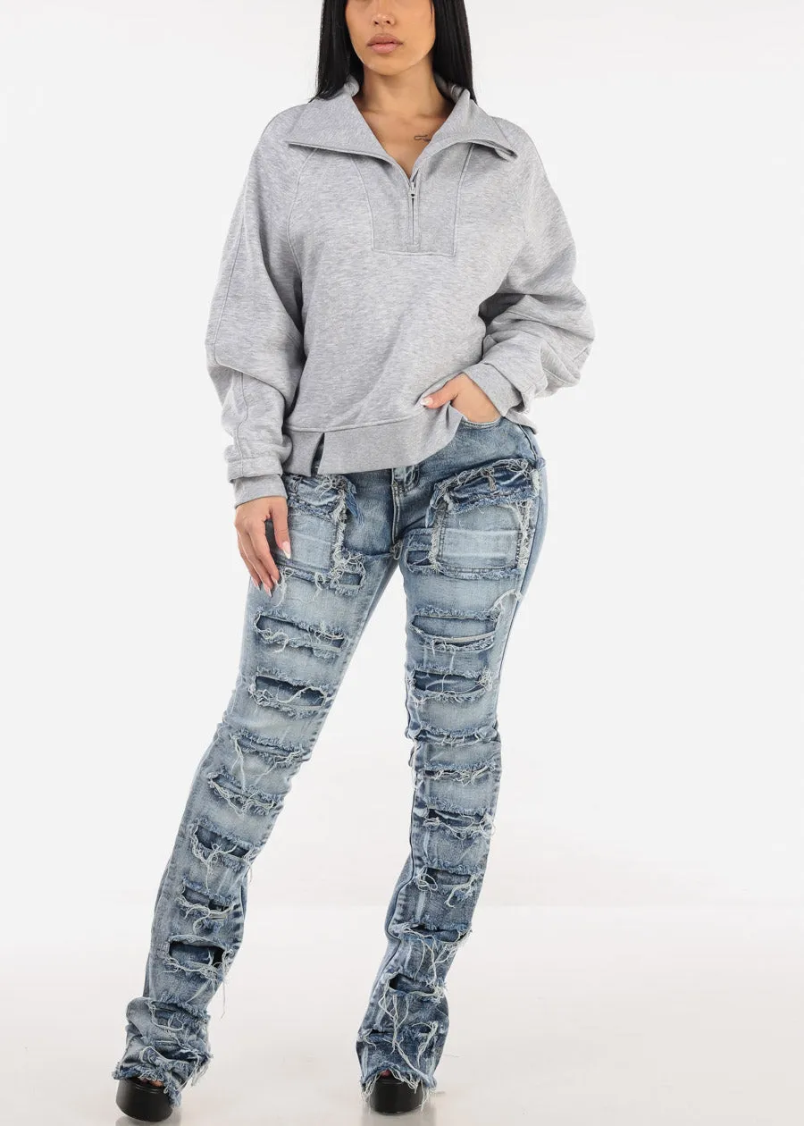 Stretchy High Waist Ripped Cargo Stracked Leg Jeans Blue Wash sold by Moda product image thumbnail 2