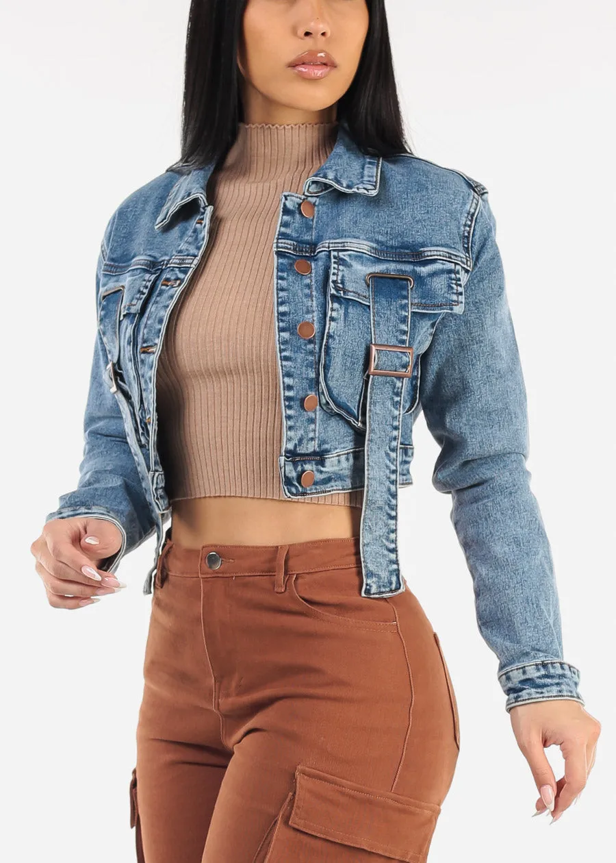 Blue Long Sleeve Button Up Crop Denim Jacket sold by Moda product image thumbnail 3