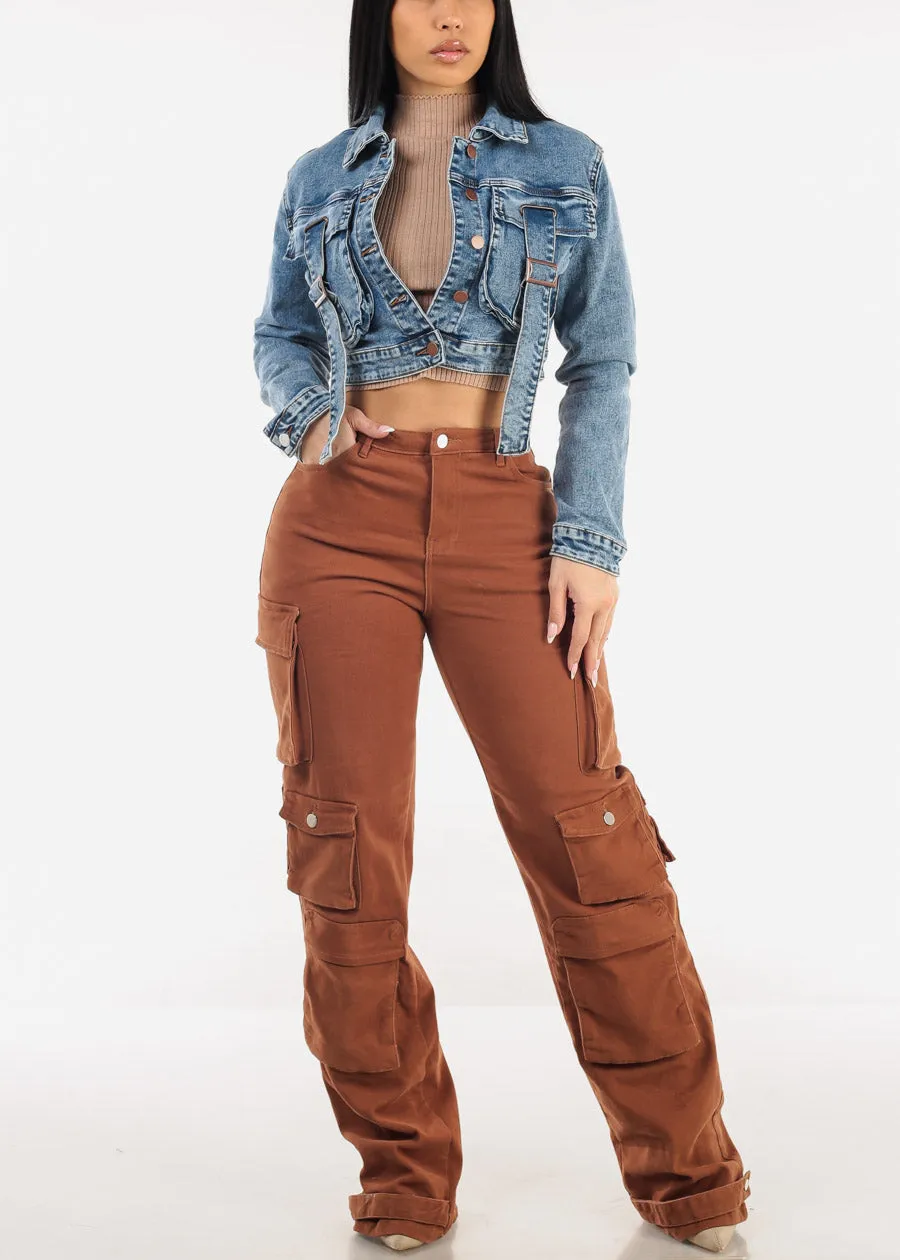 Blue Long Sleeve Button Up Crop Denim Jacket sold by Moda product image thumbnail 4