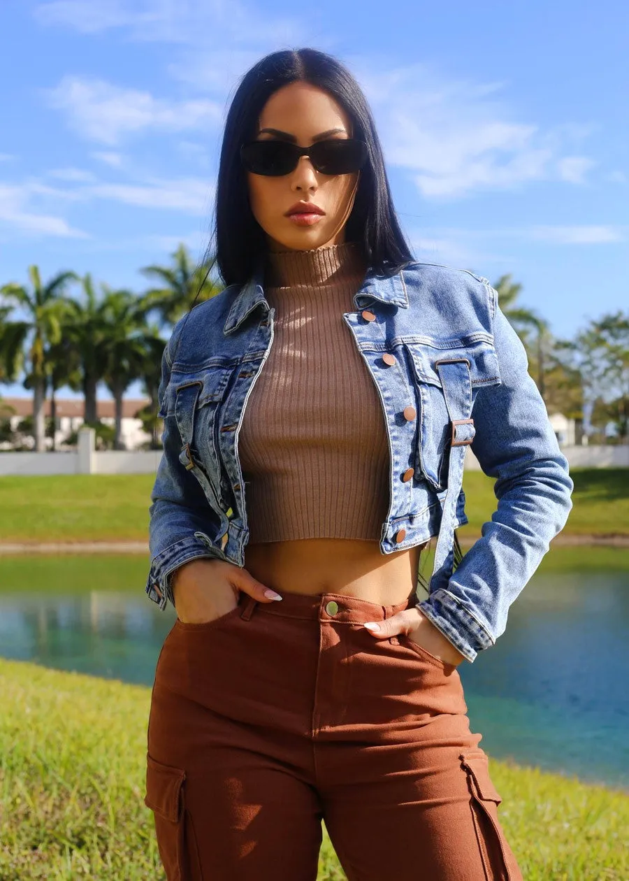 Blue Long Sleeve Button Up Crop Denim Jacket sold by Moda