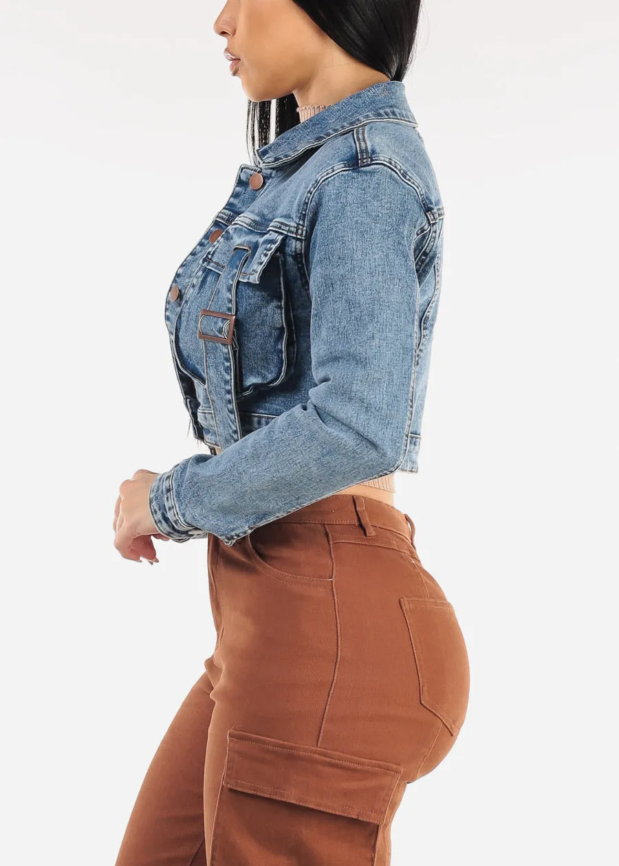 Blue Long Sleeve Button Up Crop Denim Jacket sold by Moda product image thumbnail 5