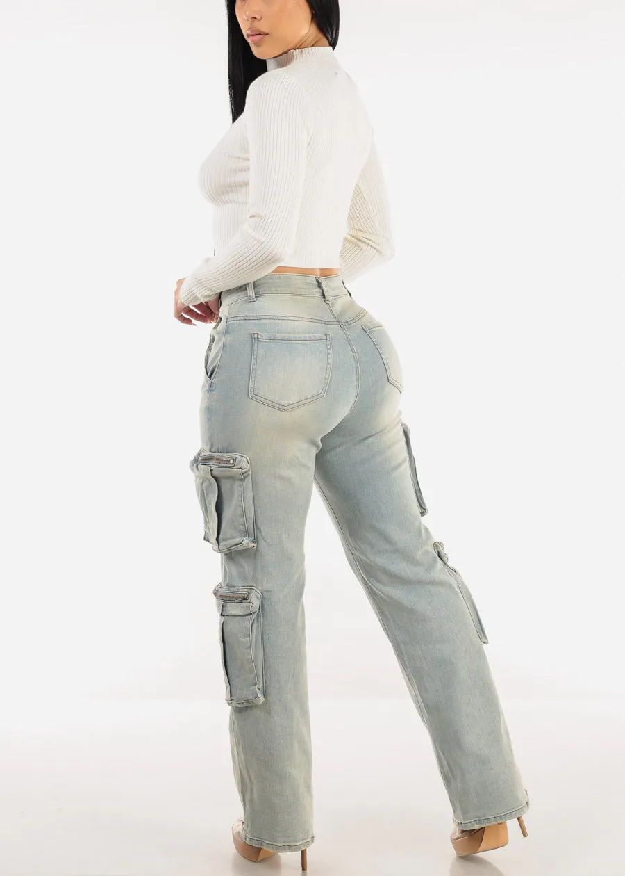 Super High Waist Straight Wide Leg Stretch Light Cargo Jeans sold by Moda product image thumbnail 5