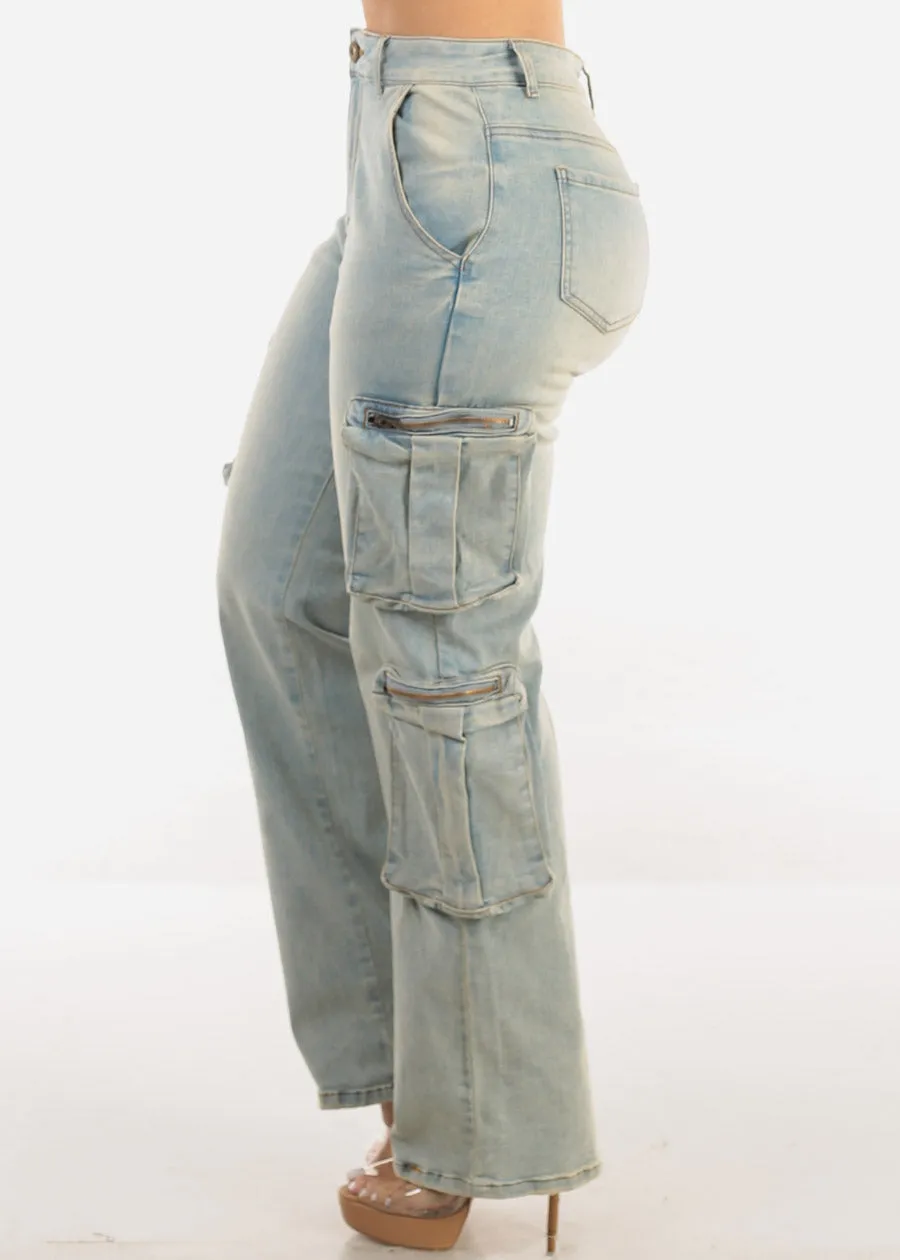 Super High Waist Straight Wide Leg Stretch Light Cargo Jeans sold by Moda product image thumbnail 3