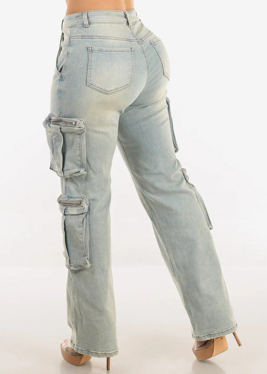 Super High Waist Straight Wide Leg Stretch Light Cargo Jeans sold by Moda product image thumbnail 4