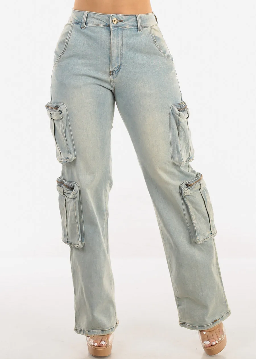 Super High Waist Straight Wide Leg Stretch Light Cargo Jeans sold by Moda