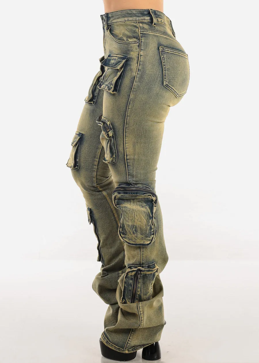 Stretchy High Waist Cargo Stacked Leg Jeans Vintage Wash sold by Moda product image thumbnail 3