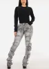 Stretchy High Waist Cargo Stacked Leg Jeans Grey sold by Moda