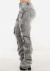 Stretchy High Waist Cargo Stacked Leg Jeans Grey sold by Moda