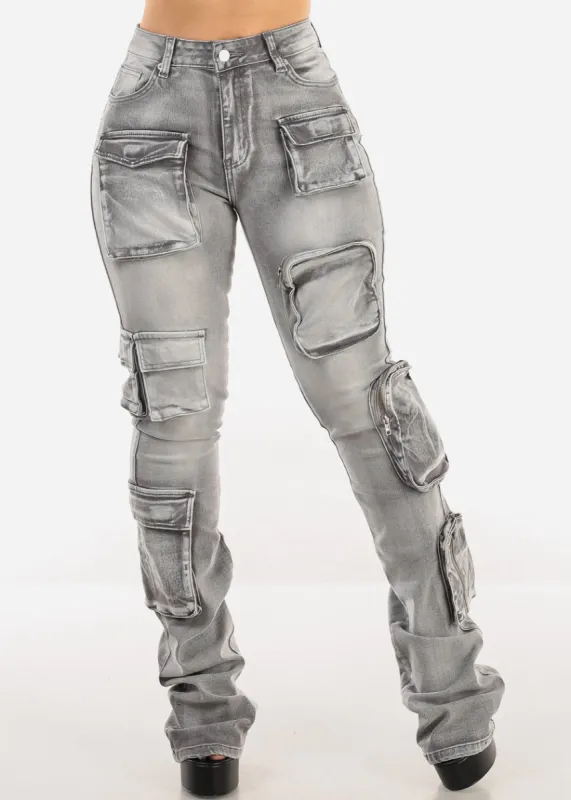 Stretchy High Waist Cargo Stacked Leg Jeans Grey sold by Moda