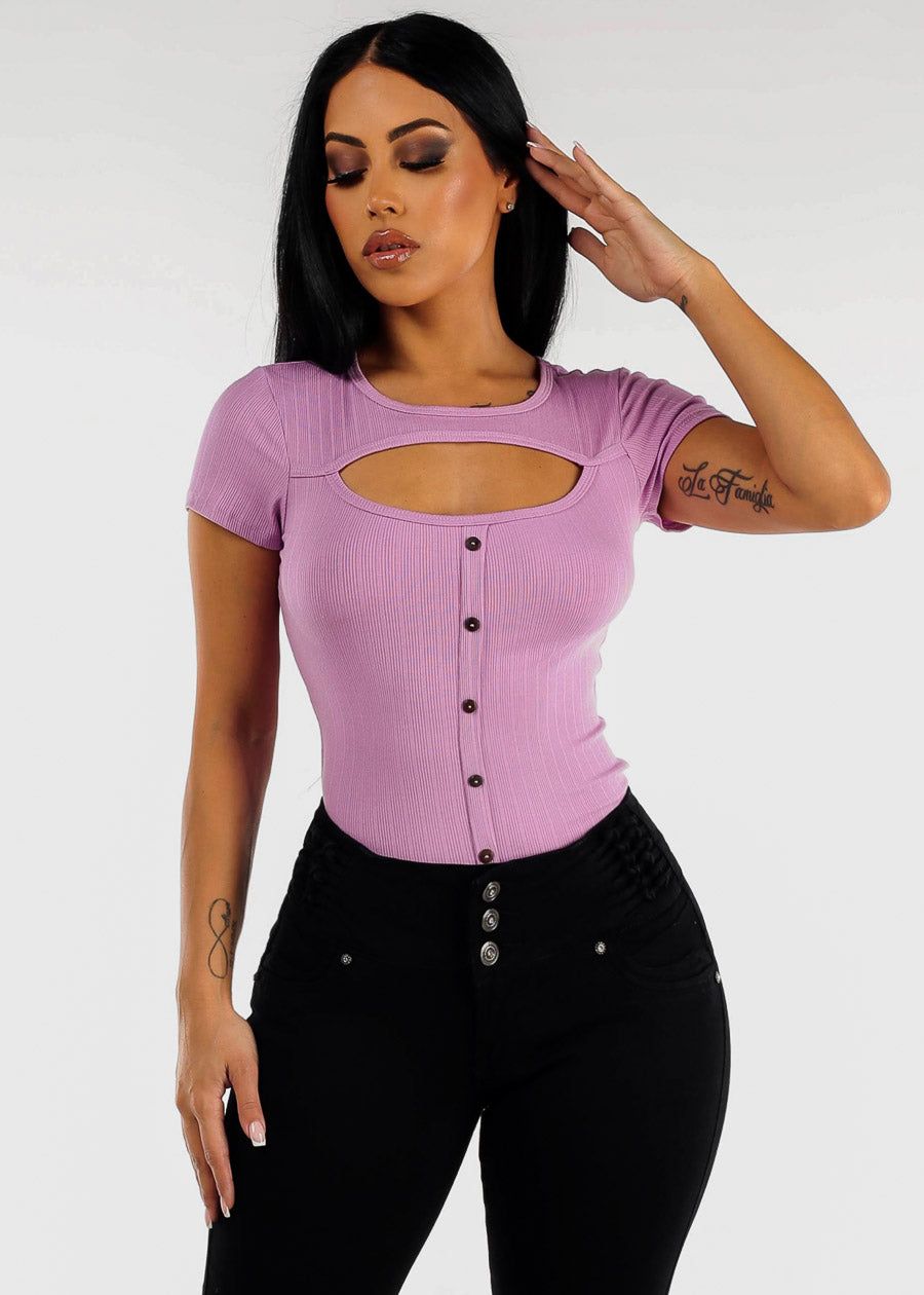Short Sleeve Bust Cut Out Top Lavender sold by Moda