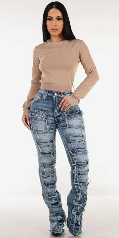 Khaki Ripped Cargo Denim Set sold by Moda