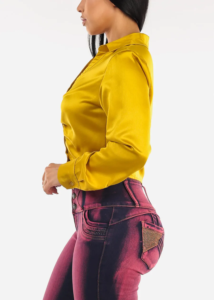 Ruched Long Sleeve Satin Cropped Blouse Mustard sold by Moda product image thumbnail 3