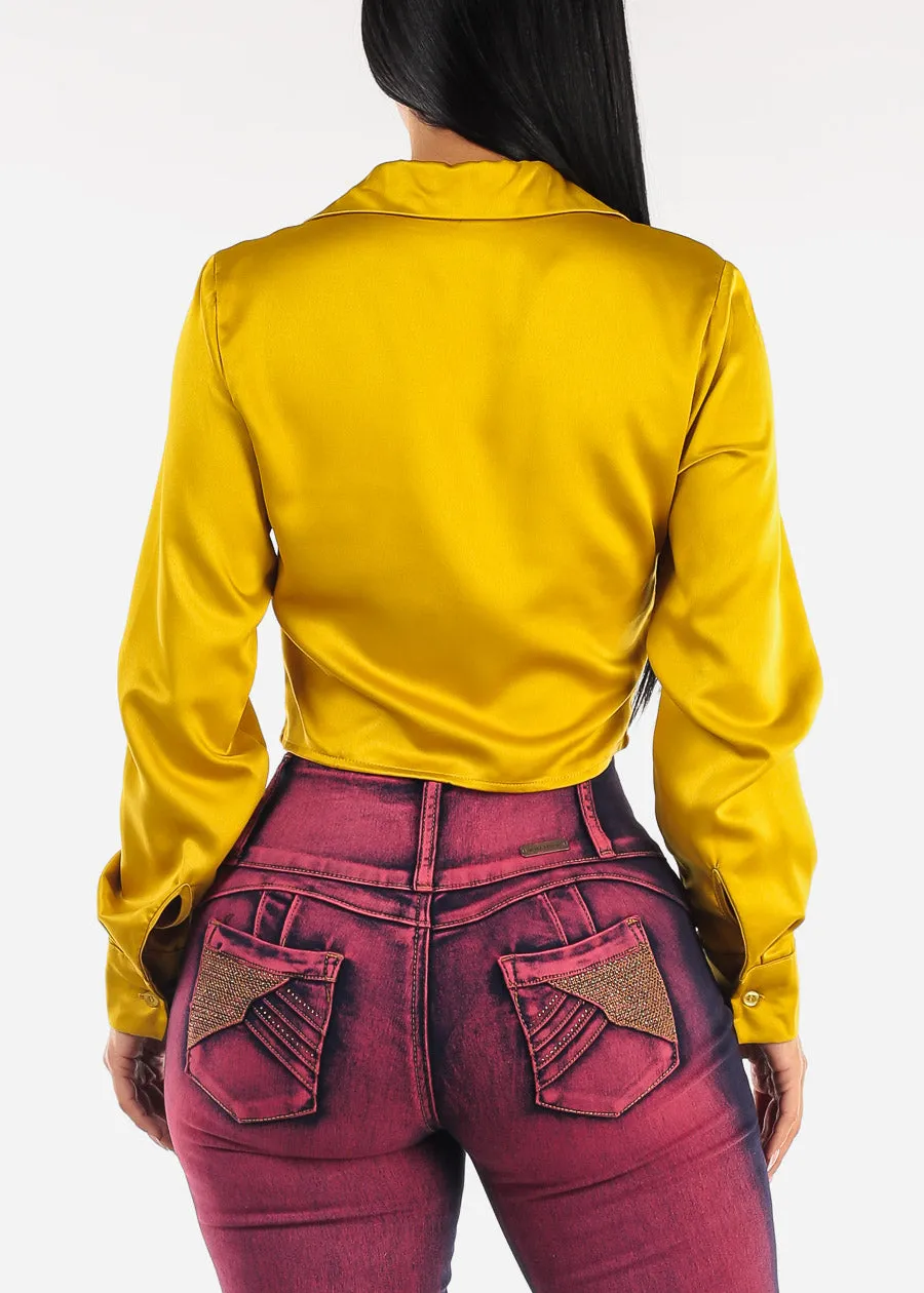 Ruched Long Sleeve Satin Cropped Blouse Mustard sold by Moda product image thumbnail 4