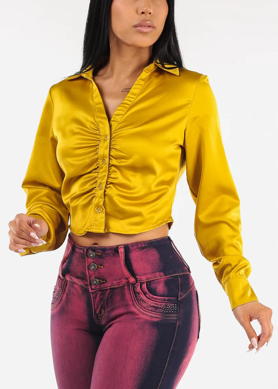 Ruched Long Sleeve Satin Cropped Blouse Mustard sold by Moda