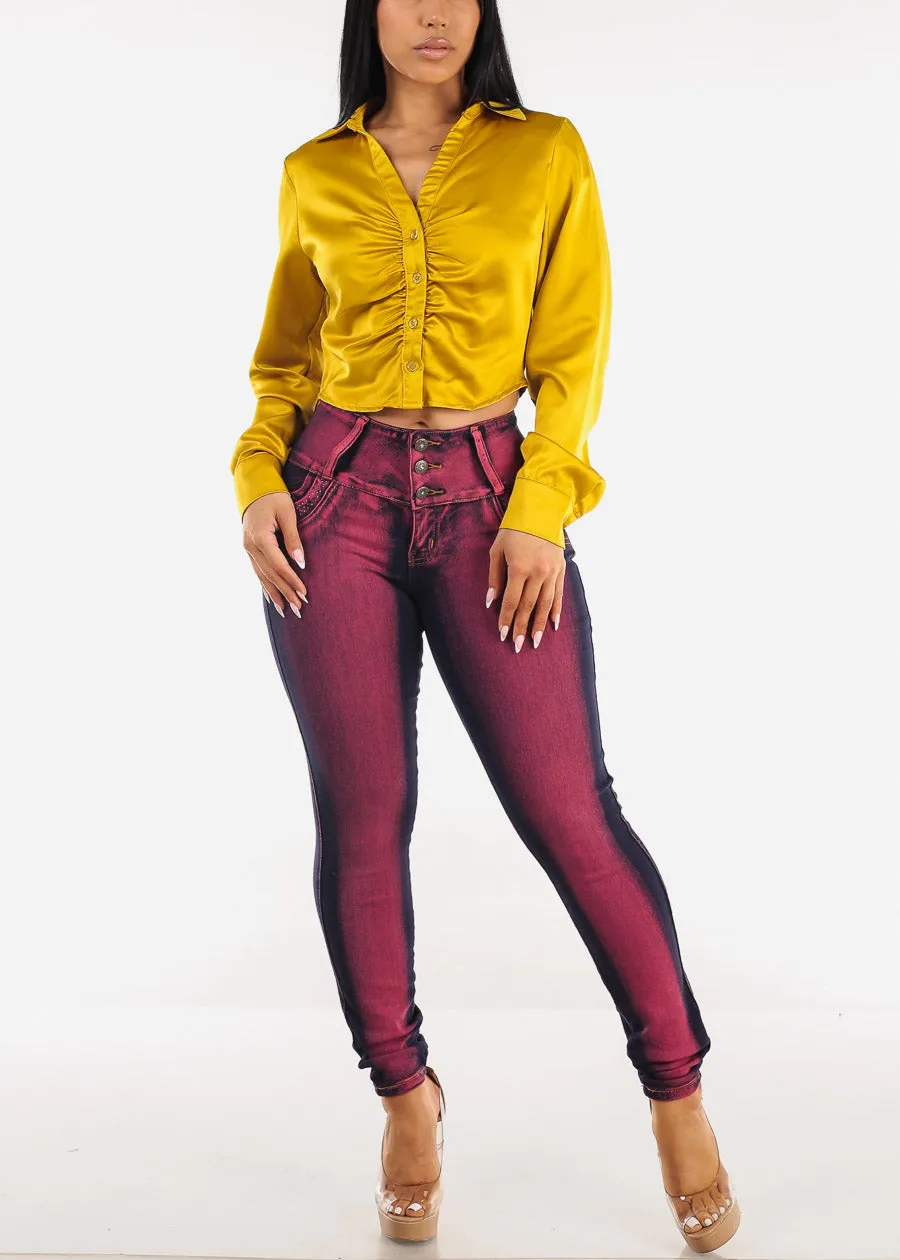 Ruched Long Sleeve Satin Cropped Blouse Mustard sold by Moda product image thumbnail 2