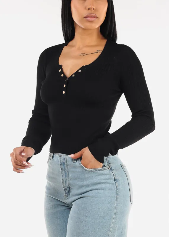 Long Sleeve Black Henley Sweater Top sold by Moda