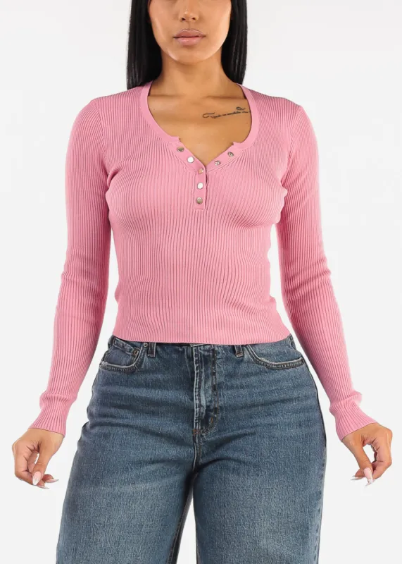 Long Sleeve Henley Sweater Top Pink sold by Moda